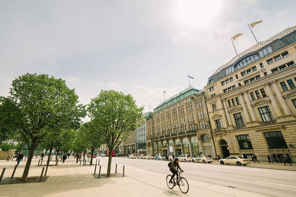 자전거를 타는 사람은 밝고 부분적으로 흐린 하늘 아래 나무와 유서 깊은 건물이 늘어선 넓은 거리를 따라 자전거를 탄다.