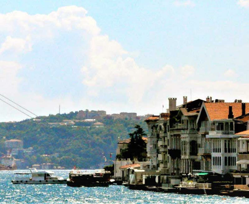 부분적으로 흐린 하늘 아래 나무와 건물을 배경으로 커다란 주택, 언덕이 많은 지역 근처에서 보트를 타고 바다 전망을 감상할 수 있습니다.