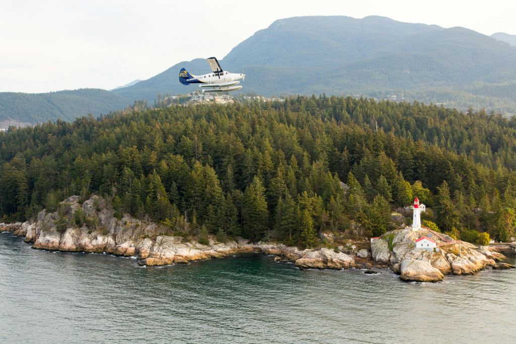 숲이 우거진 해안선 위를 날아다니는 수상비행기입니다. 바위가 많은 노두에 작은 등대가 있고, 산을 배경으로 하고 있습니다.