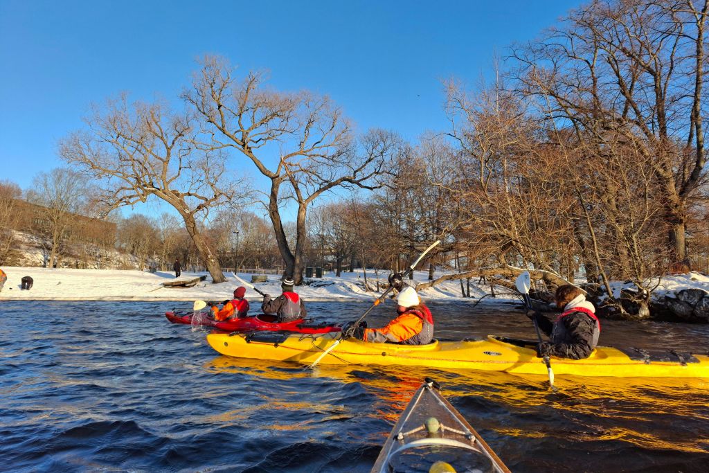 잎이 없는 나무와 눈 덮인 은행으로 둘러싸인 강에서 노란색 카약을 노를 젓는 겨울 의류를 입은 사람들.