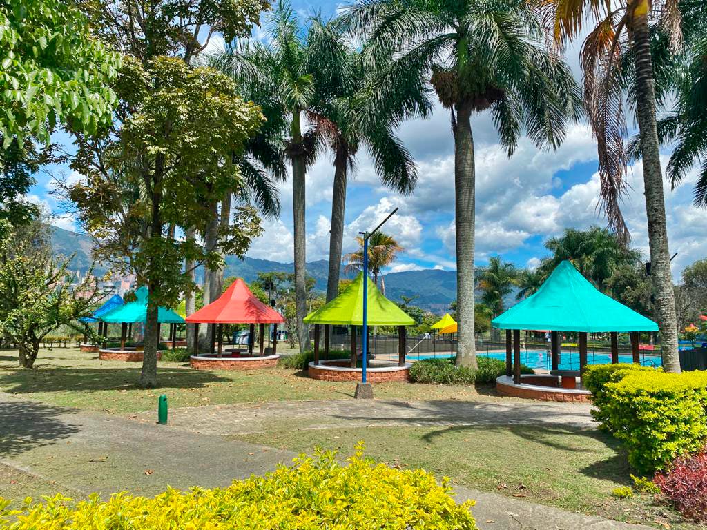 산을 배경으로 한 공원의 높은 야자수 아래 다채로운 정자.