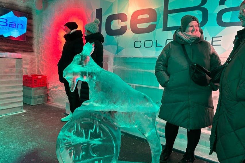 1의 마스코트 헤네스. 얼음 조각으로서의 FC 쾰른.