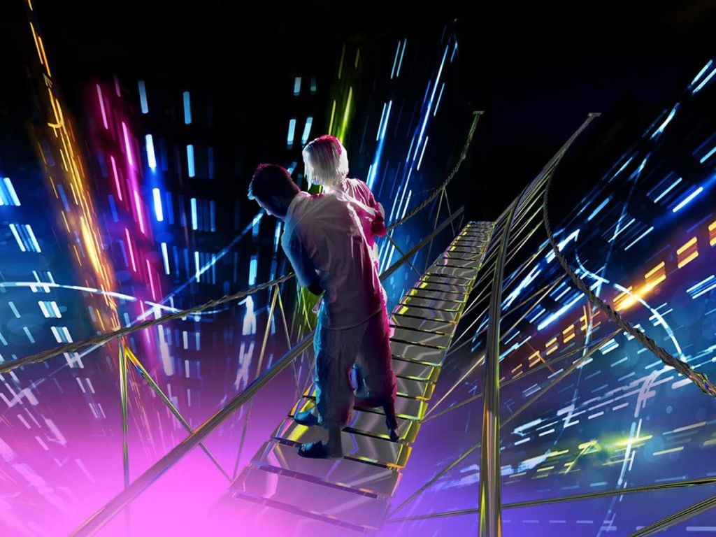 활기차고 소용돌이치는 불빛을 배경으로 빛나는 미래형 다리를 탄 두 사람.