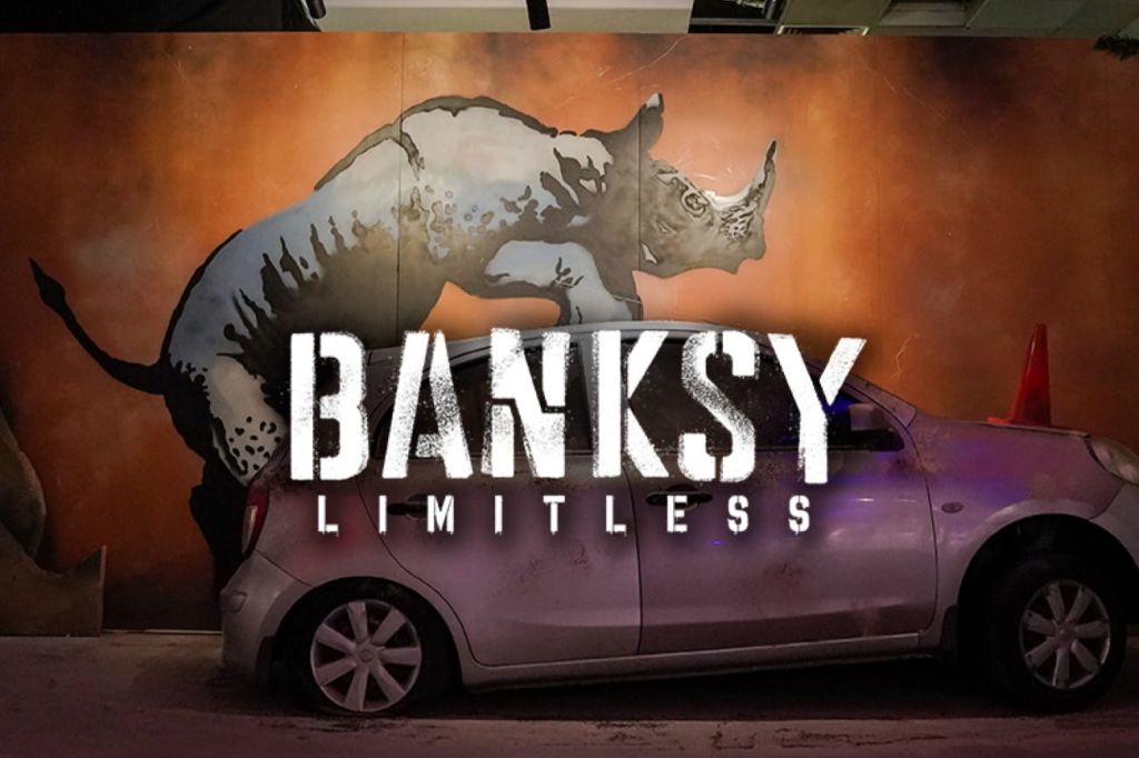 코뿔소 벽화를 배경으로 'BANKSY limless' 라는 글씨가 겹쳐진 은색 자동차가 실내에 주차되어 있습니다.