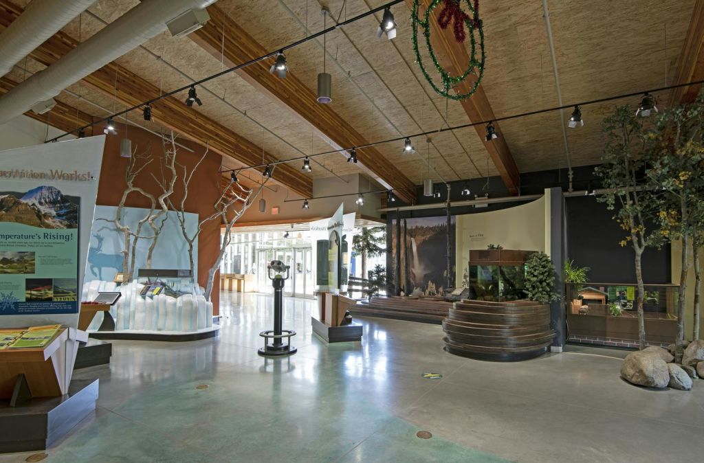 자연 경관을 감상할 수 있는 넓은 박물관 내부, 나무 계단, 노출된 대들보가 있는 높은 천장.