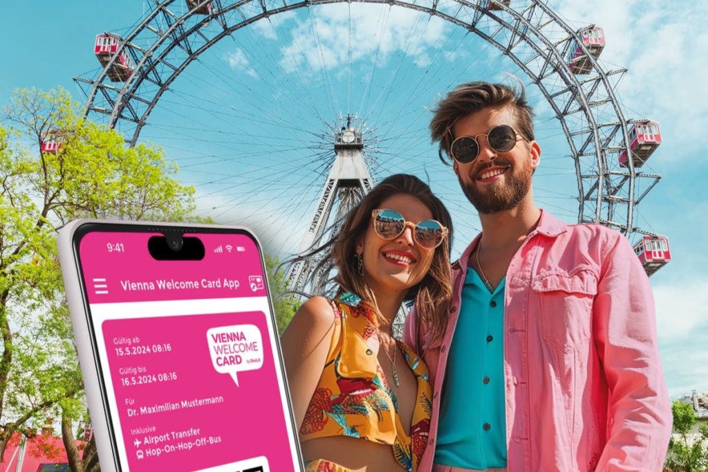 빈 웰컴 카드 로고 MIT 2 Personen und dem Riesenrad im Hintergrund