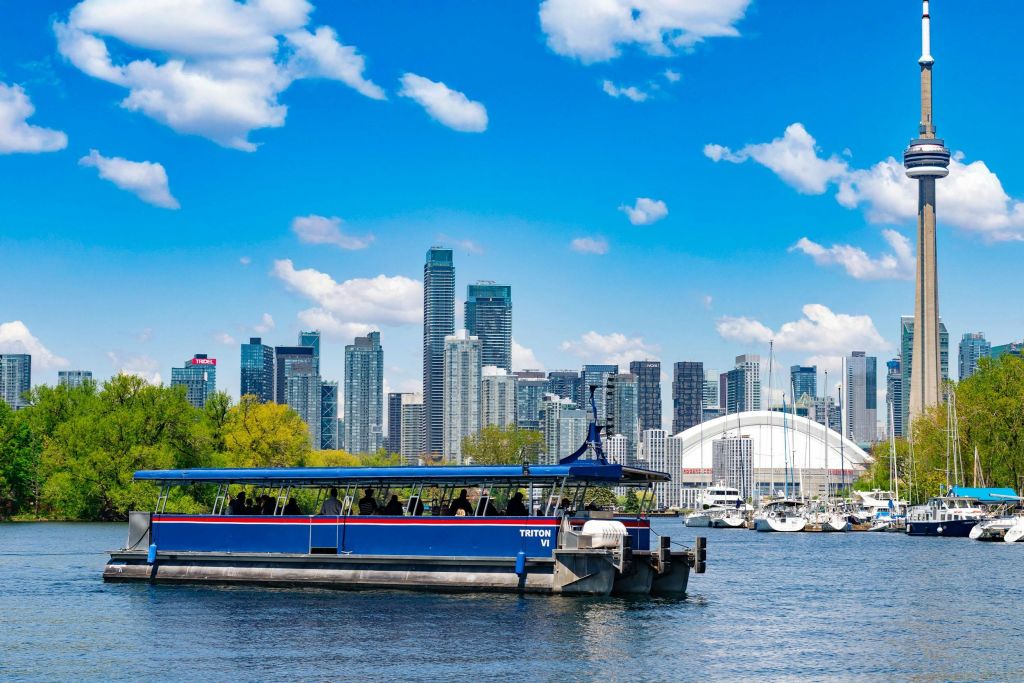구름이 깔린 푸른 하늘 아래 높은 건물의 스카이라인을 배경으로 물 위에서 보트 타기 나무와 요트도 보입니다.