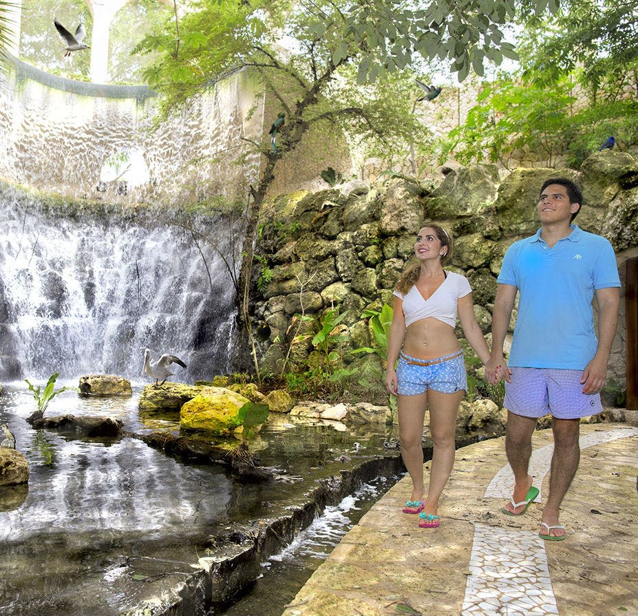 울창한 녹지와 바위로 둘러싸인 폭포 옆 길을 따라 손을 잡고 걷는 커플.