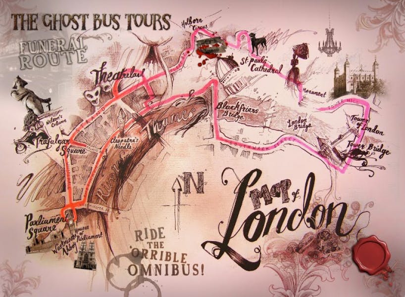 런던의 유령 버스 투어 지도를 그려 세인트 폴 대성당과 시어터랜드와 같은 주요 명소를 으스스한 테마로 강조합니다.