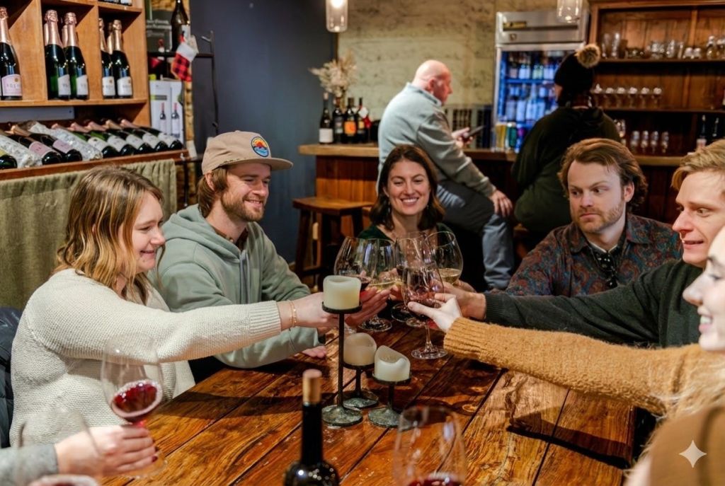 아늑한 분위기의 나무 테이블에 앉은 한 무리의 사람들이 토스트에 촛불을 켜고 와인잔을 흔들며 앉아 있습니다.