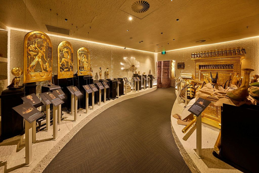 따뜻한 조명 아래에는 스탠드, 황금 석관, 유익한 플라크에 이집트 유물이 전시된 방이 있습니다.