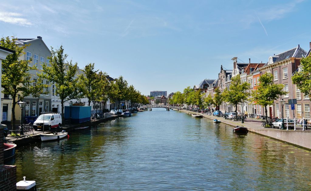 나무와 건물이 양옆에 있는 고요한 운하로, 맑고 푸른 하늘 아래 가장자리를 따라 배가 묶여 있습니다.