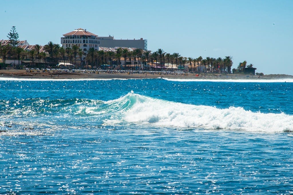 해변 호텔의 먼 전망과 맑고 푸른 하늘 아래 야자수가 줄지어 있는 바다에서 파도가 일렁이고 있습니다.