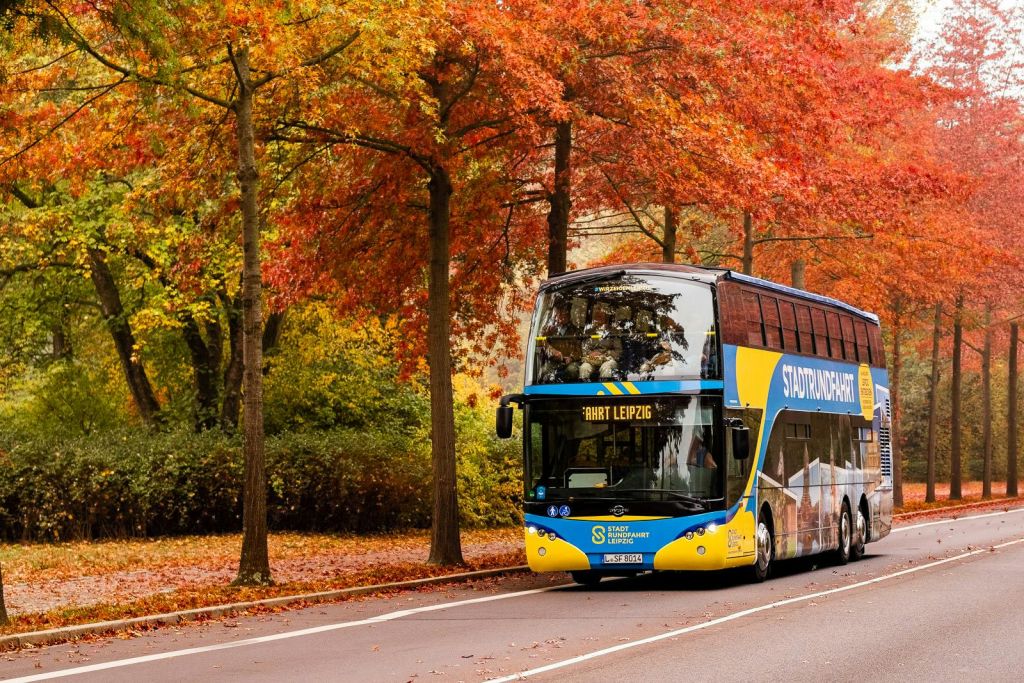 "Stadtrundfahrt" 표지판이 있는 2층 버스는 활기찬 가을 단풍이 우거진 나무가 늘어선 도로를 달립니다.