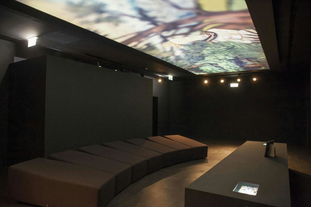 곡선형 소파, 어두운 벽, 활기차고 자연을 테마로 한 프로젝션을 보여주는 천장이 있는 조명이 어두운 객실입니다.