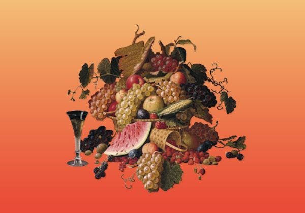 포도, 수박, 사과를 포함한 다양한 과일과 잎이 무성한 포도나무, 오렌지 그라데이션을 배경으로 한 와인 한 잔.