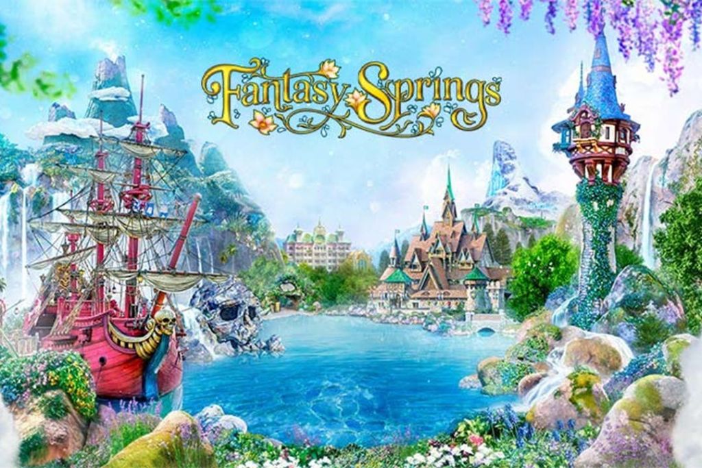 화창한 하늘 아래 성, 해적선, 맑고 푸른 호수, 녹음이 우거진 "판타지 스프링스" 의 다채로운 장면.