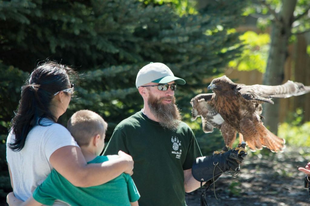 수염을 기른 남자가 장갑을 낀 손에 먹잇감을 들고 야외에서 여자와 아이와 대화하고 있습니다.