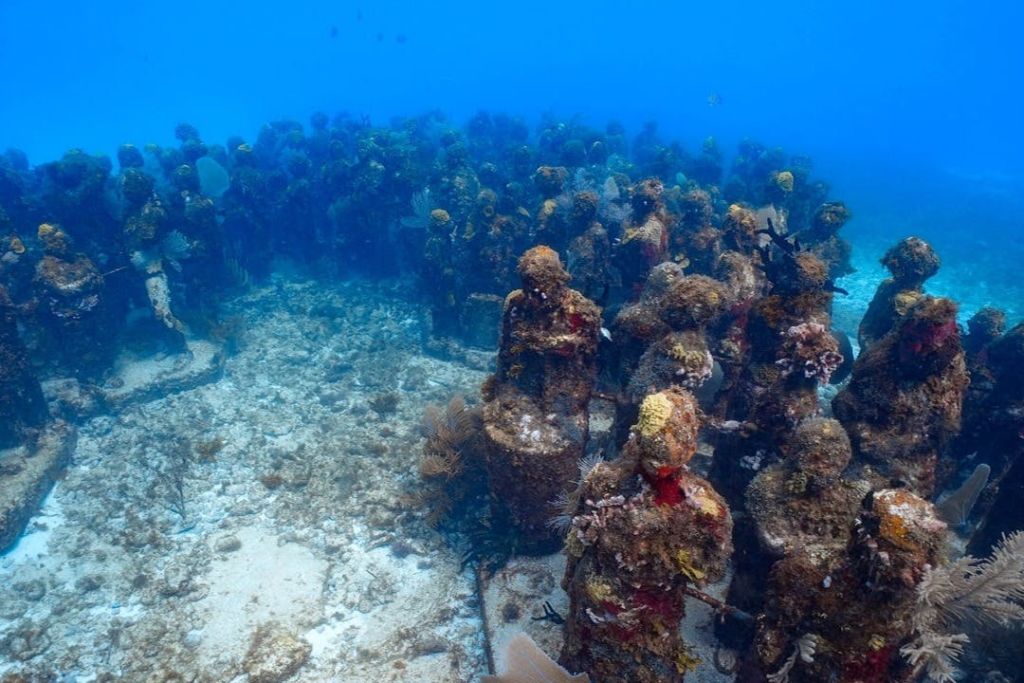 푸른 물 아래 모래 바다 바닥에 줄지어 놓인 산호와 해양 생물로 뒤덮인 물에 잠긴 조각상.