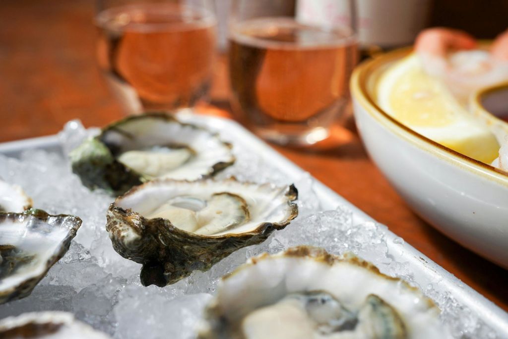 신선한 굴은 레몬 슬라이스와 와인 잔을 배경으로 으깬 얼음 위에서 서빙됩니다.