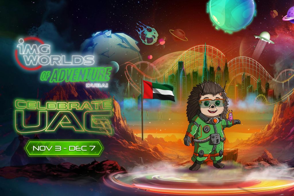 아랍에미리트 국기, 행성, 두바이의 스카이라인을 배경으로 우주복을 입은 고슴도치의 우주 테마 일러스트입니다.