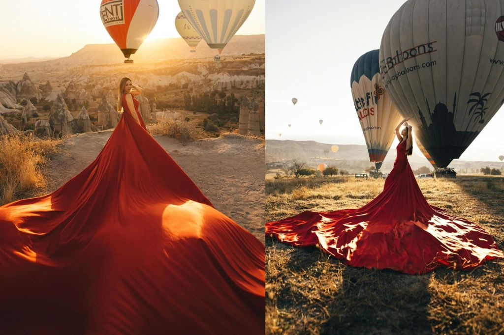 열기구 타고 일출을 배경으로 사진 촬영하기