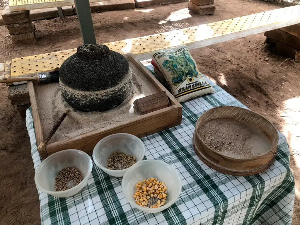 인근에 곡물, 옥수수, 체가 담긴 그릇이 놓인 식탁보 위에 전통 석재 그라인더가 놓여 있습니다.