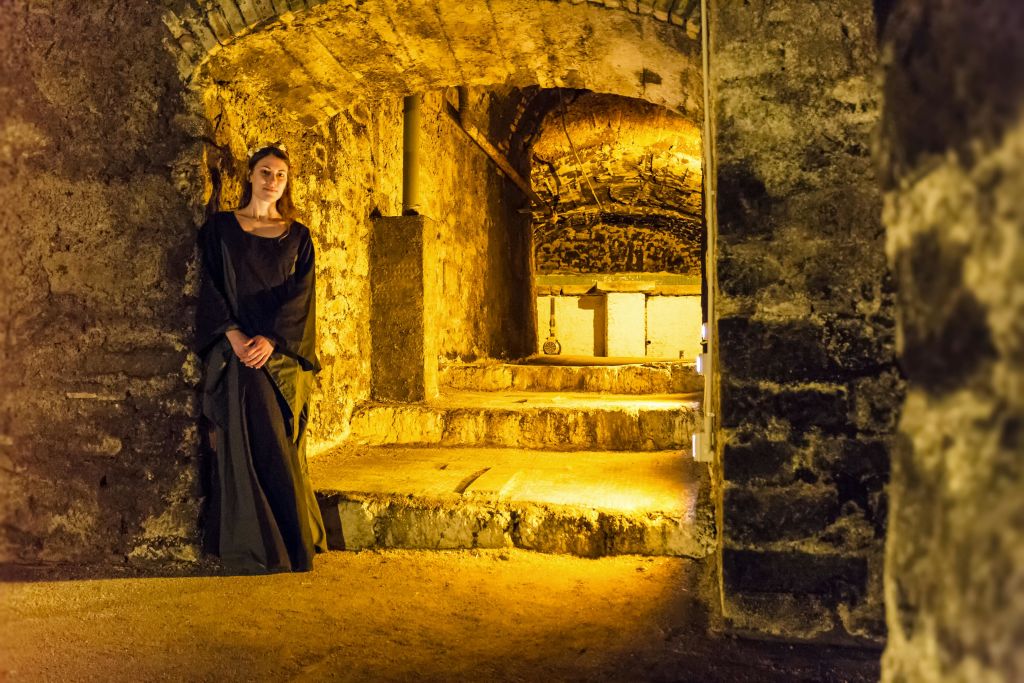 어두운 색의 긴 드레스를 입은 한 여성이 아치와 계단이 따뜻한 빛으로 비춰진 희미한 석조 벽 통로에 서 있습니다.