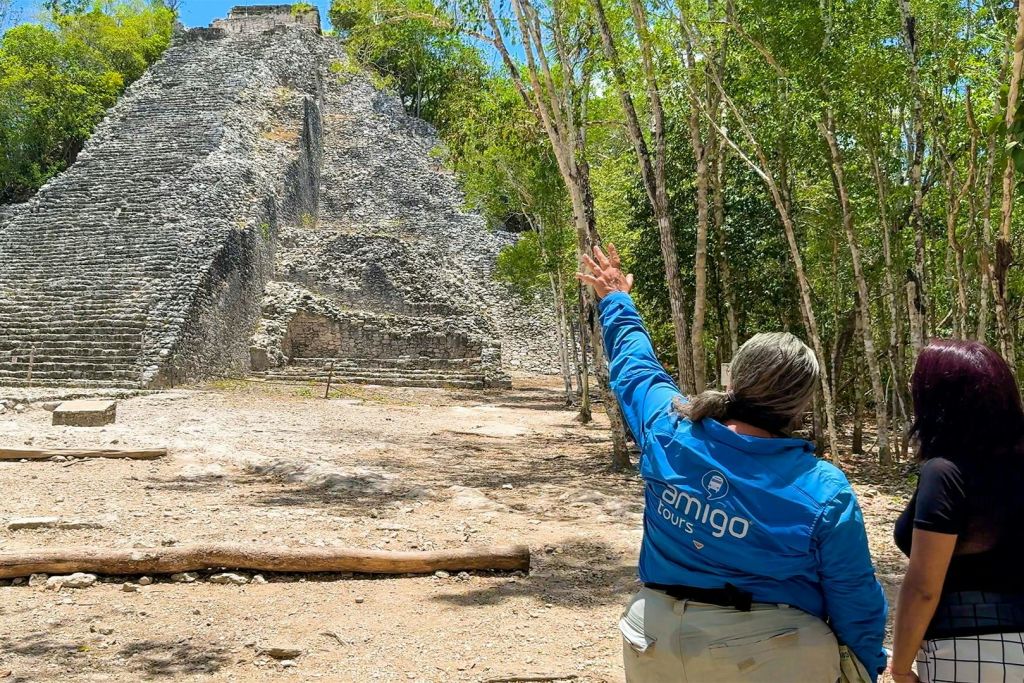 뒷면에 "Amigo Tours" 가 있는 파란색 재킷을 입은 사람이 숲이 우거진 지역의 돌 유적을 향해 제스처를 취하고 있습니다.