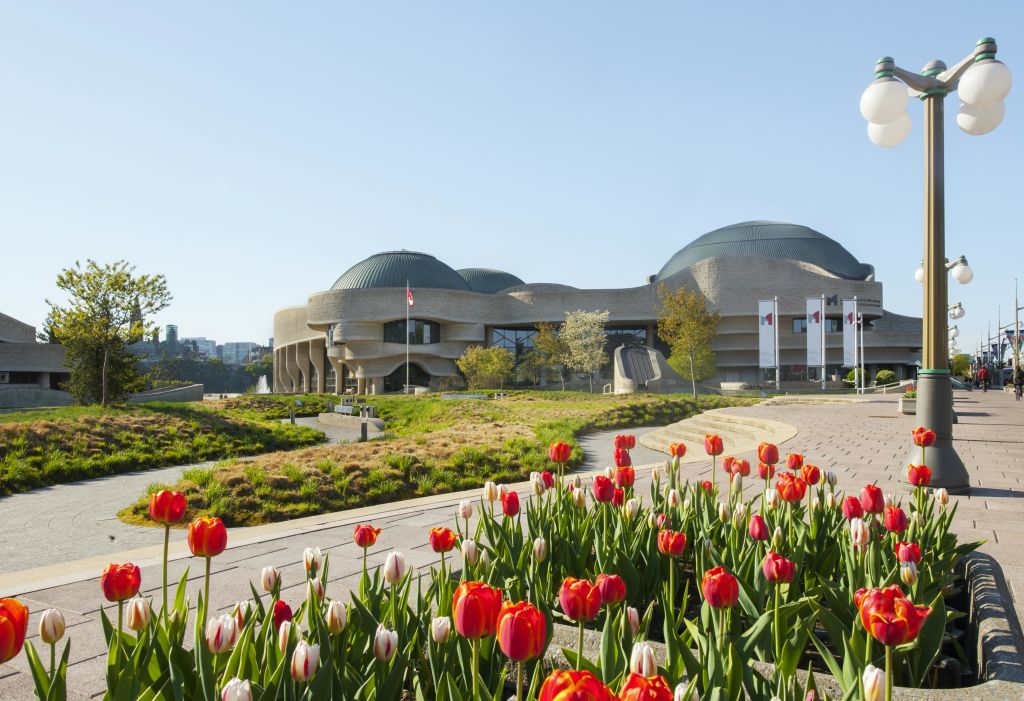 맑고 푸른 하늘 아래 빨간색과 흰색 튤립이 가득한 정원 뒤에 곡선형 건축물이 있는 건물입니다.