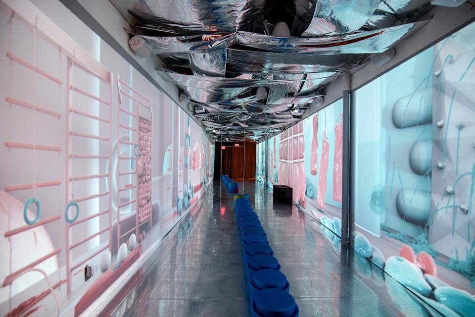 분홍색과 파란색 벽으로 장식된 금속 재질의 반사 복도, 천장 장식, 중앙에 파란색 좌석이 줄지어 있습니다.