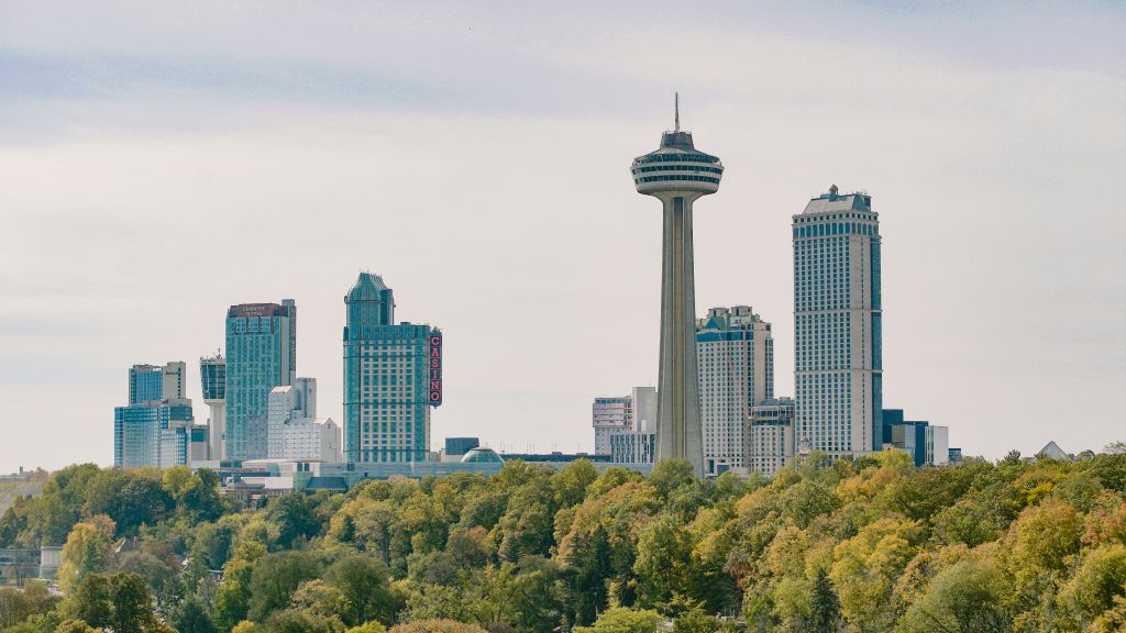 높은 전망대와 여러 개의 고층 건물이 있는 도시 스카이라인으로, 전면에 나무가 우거진 공간이 있습니다.