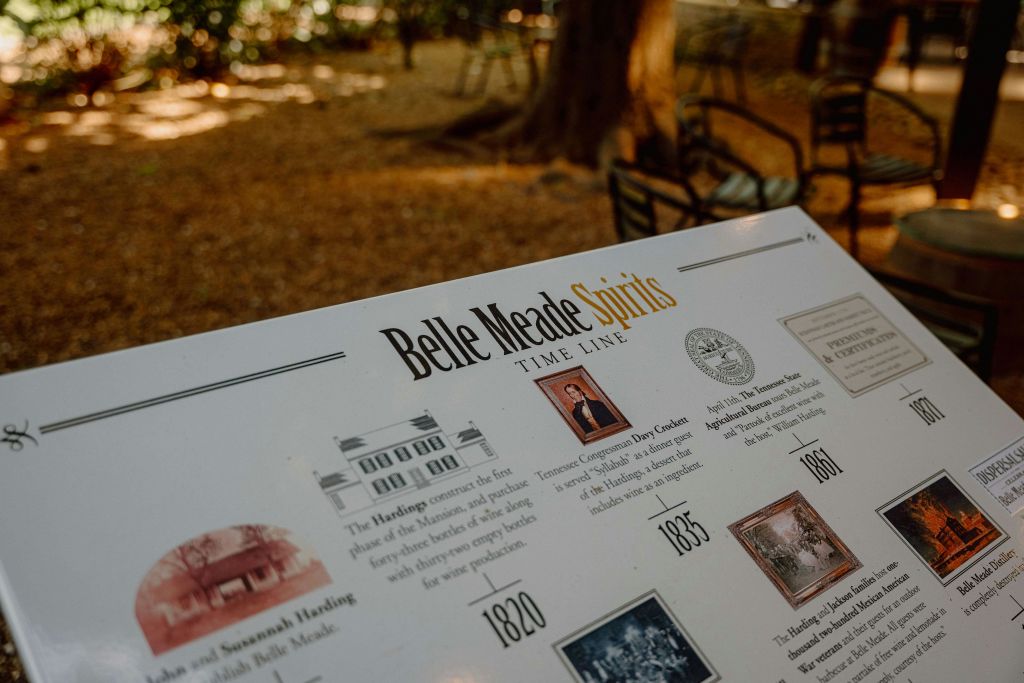 역사적 사건을 자세히 담은 '벨 미드 스피리츠 (Belle Meade Spirits)' 라는 제목의 타임라인 포스터로, 야외 좌석이 흐릿하게 장식되어 있습니다.