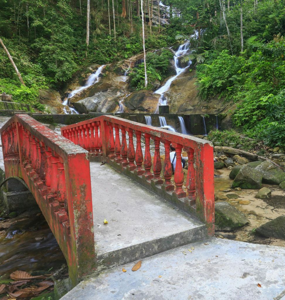 다층 폭포를 배경으로 울창하고 푸른 숲의 바위 계곡 위로 붉은 다리가 흐릅니다.