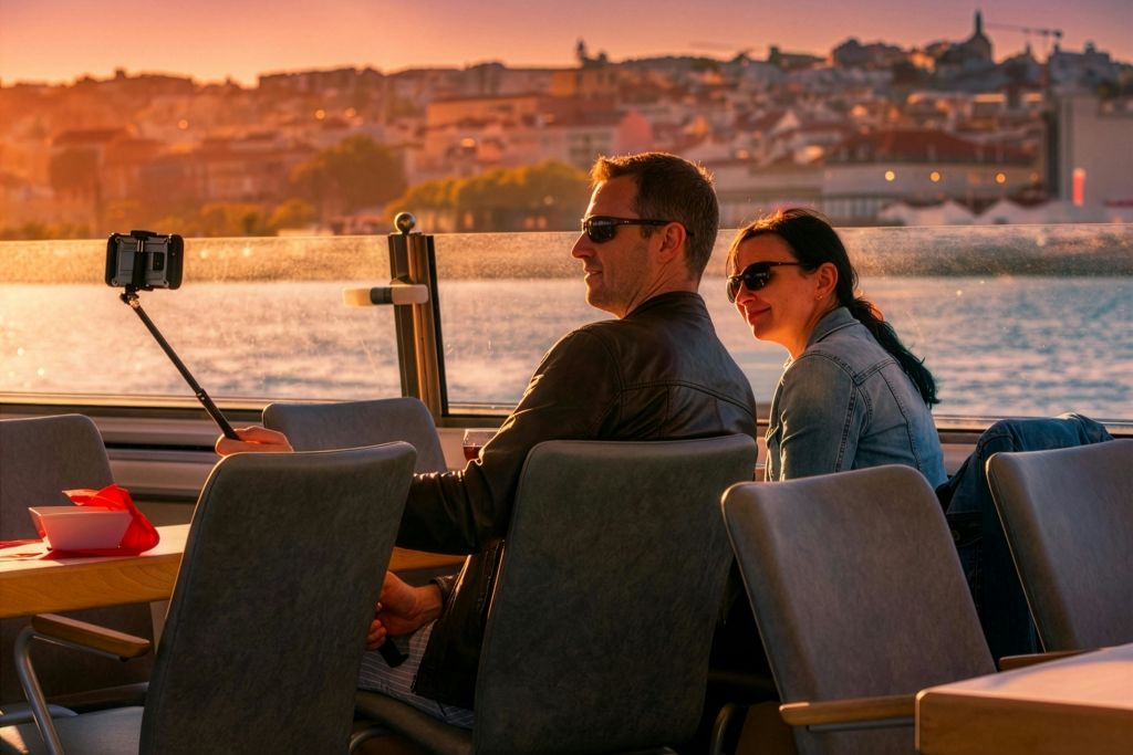 해가 질 무렵 선글라스를 착용한 두 사람이 보트에 앉아 물 건너편의 도시 전망을 감상하고 있습니다.