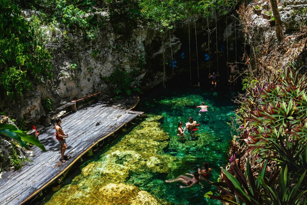 울창한 녹지와 동굴 입구로 둘러싸인 맑고 바위투성이의 석호에서 사람들이 나무 플랫폼에서 수영하고 서 있습니다.