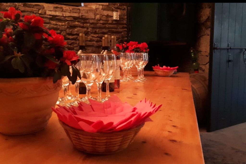 빈 와인잔이 놓인 나무 테이블, 와인 한 병, 화분에 담긴 붉은 꽃, 아늑한 분위기의 붉은 냅킨이 가득한 바구니.