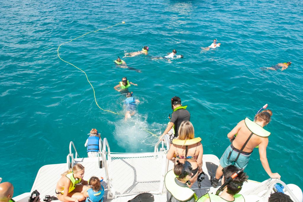 구명조끼를 입은 사람들은 맑고 푸른 바다에서 수영과 스노클링을 즐기고, 다른 사람들은 보트 데크에서 입장할 준비를 합니다.