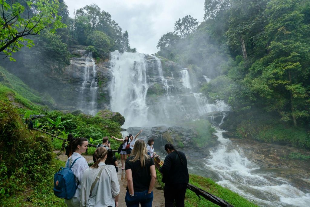 울창한 녹음과 안개로 둘러싸인 커다란 폭포를 감상하며 한 무리의 사람들이 길 위에 서 있습니다.