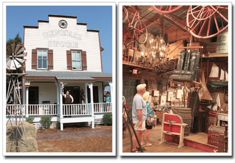 왼쪽: 현관에 사람들이 있는 '잡화점' 이라고 표시된 흰색 건물. 오른쪽: 골동품으로 둘러싸인 빈티지 상점 내부 방문객.