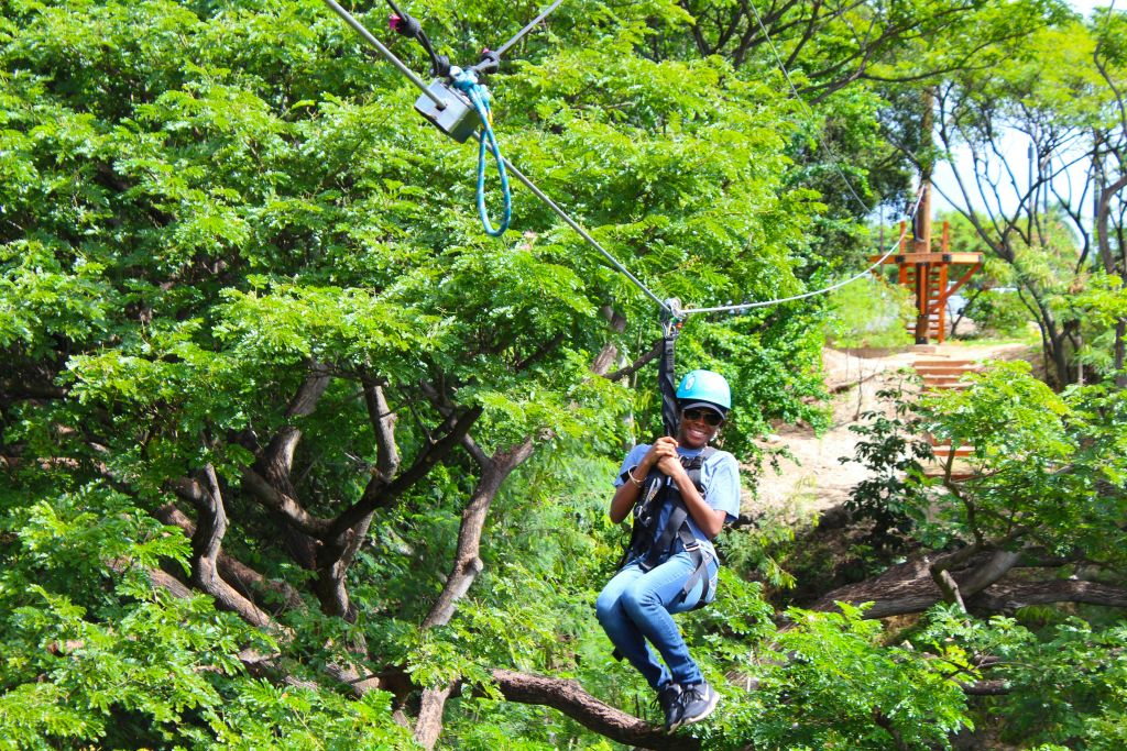 헬멧과 하네스를 착용한 사람이 무성한 녹색 나무 꼭대기 캐노피를 통해 집라인을 타고 있습니다.