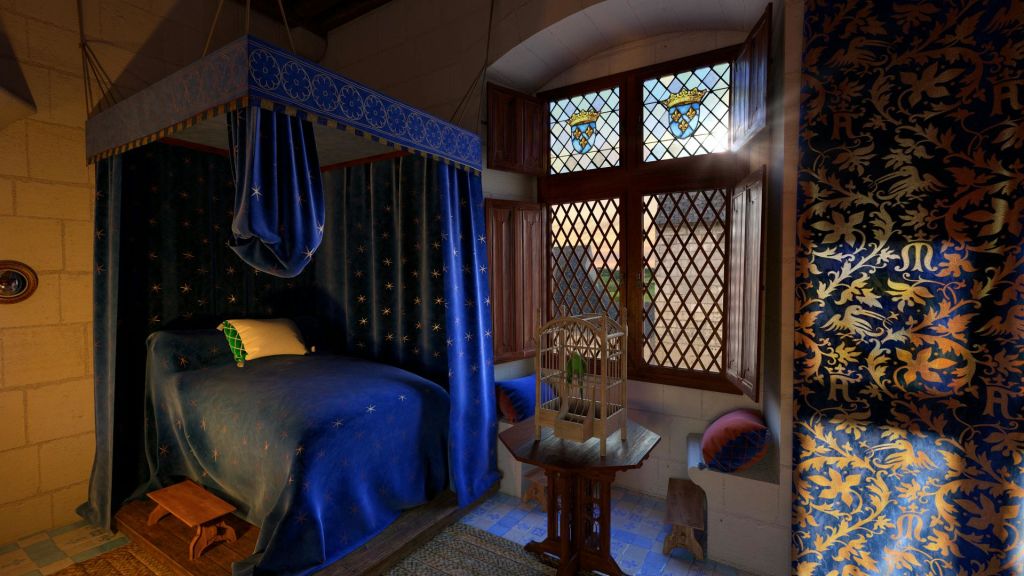 파란색 캐노피 침대, 화려한 나무 창문, 스테인드글라스, 작은 테이블 위에 놓인 새장이 있는 중세 스타일의 침실입니다.
