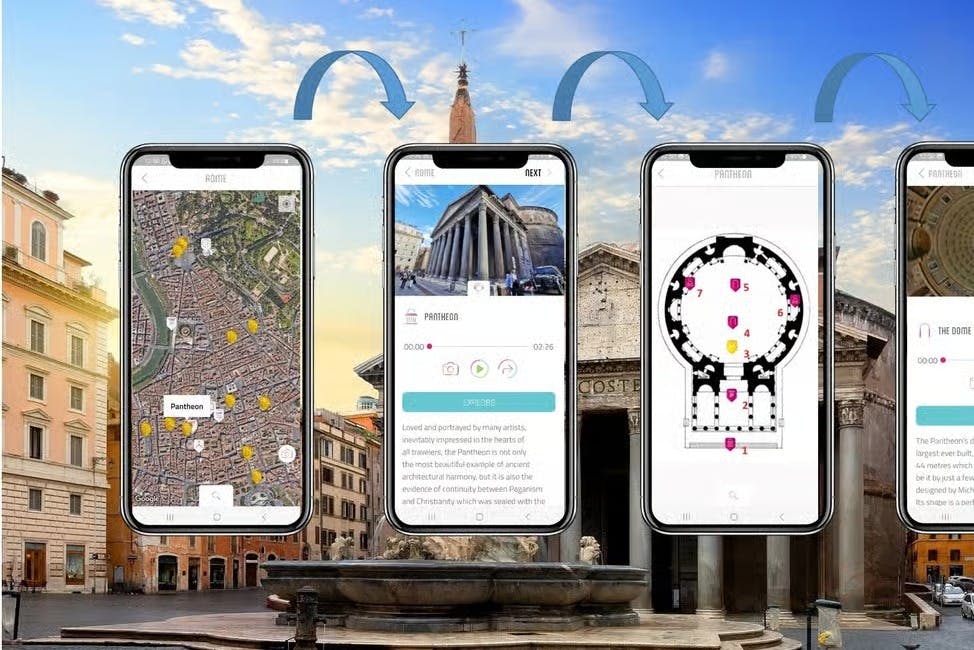 세 대의 스마트폰에는 지도, 판테온 사진, 평면도가 파란 하늘이 펼쳐진 도시 풍경과 맞닿아 있습니다.
