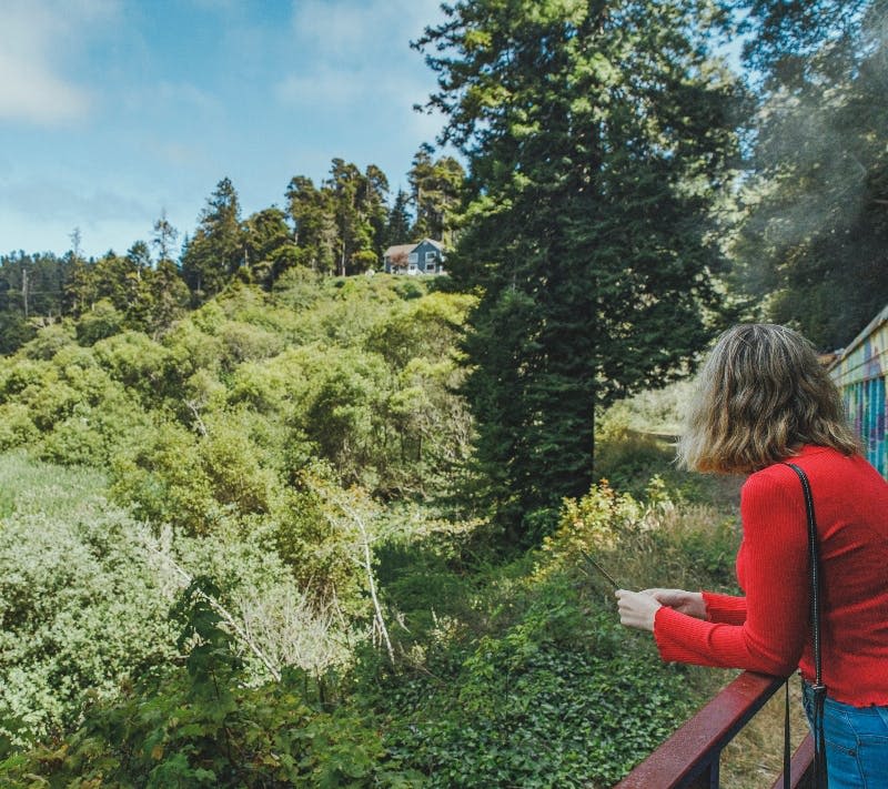 다리에 서 있는 빨간 코트를 입은 사람이 저 멀리 집이 있는 울창한 푸른 숲을 내려다보고 있습니다.