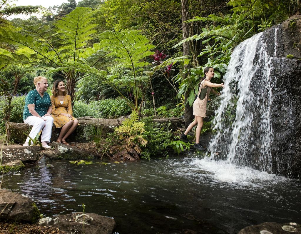 울창한 정원에 세 사람이 있습니다. 두 사람은 연못에 앉아 미소를 짓고, 한 사람은 폭포 아래에서 놀고 있습니다.