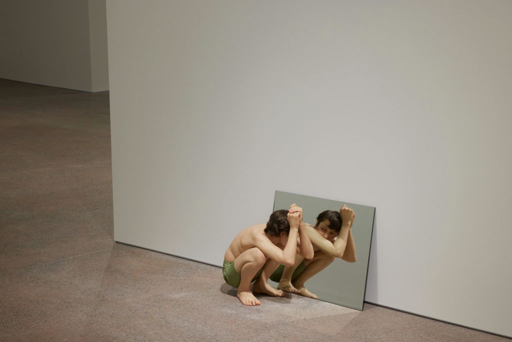 바닥의 거울 근처에 웅크리고 앉아 있는 형상이 그들의 이미지를 반영하고 있다. 설정은 최소한의 내부 공간입니다.