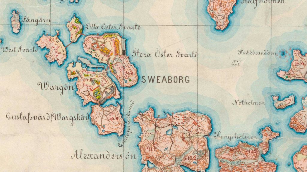 "Lilla Öster Svarto", "Stora Öster Svarto", "Alexandersön" 으로 표시된 섬과 "SWEABORG" 가 중앙에 강조 표시된 역사적인 지도.