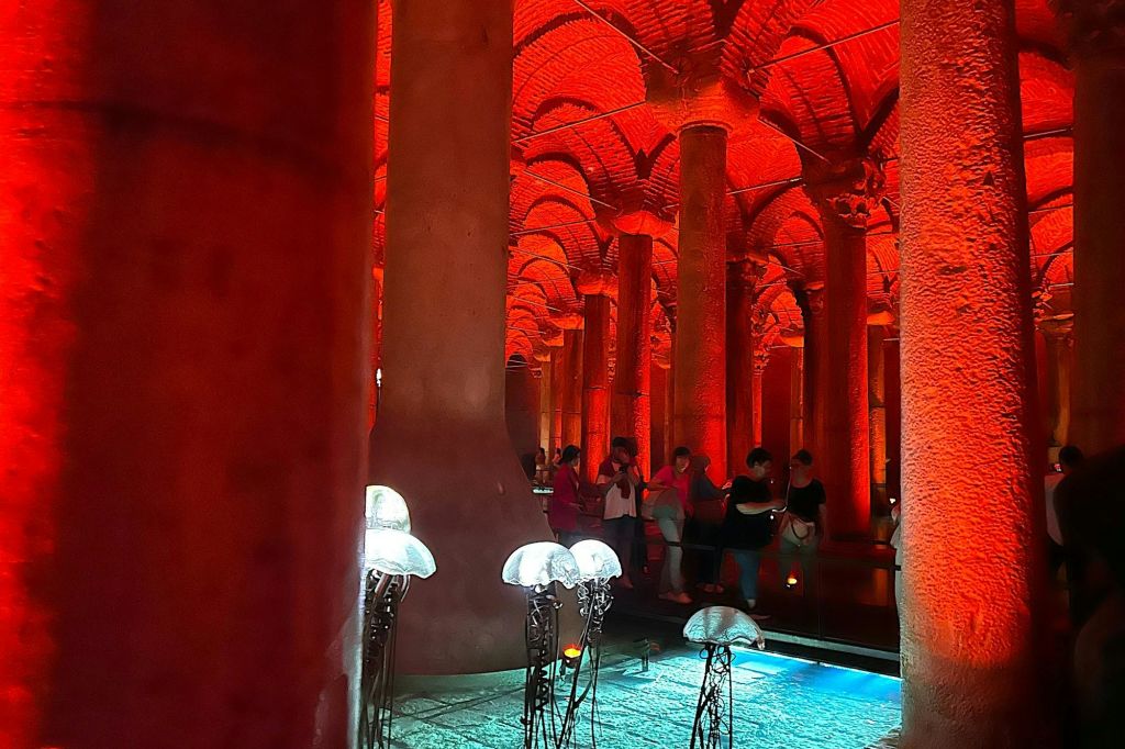Tourists inside the Basilica Cistern.