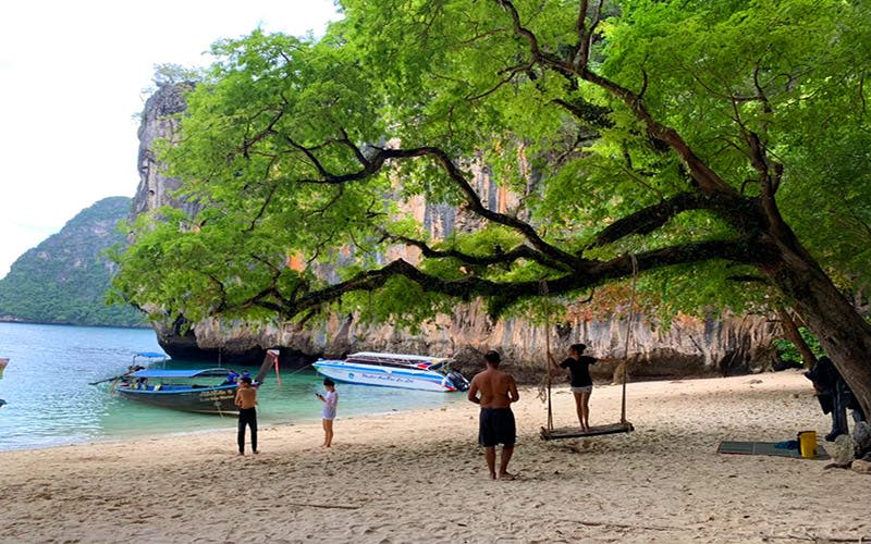 물에 보트가 있는 모래 해변의 사람들, 나뭇가지를 매달아 놓은 커다란 나무, 그네를 타는 한 사람.