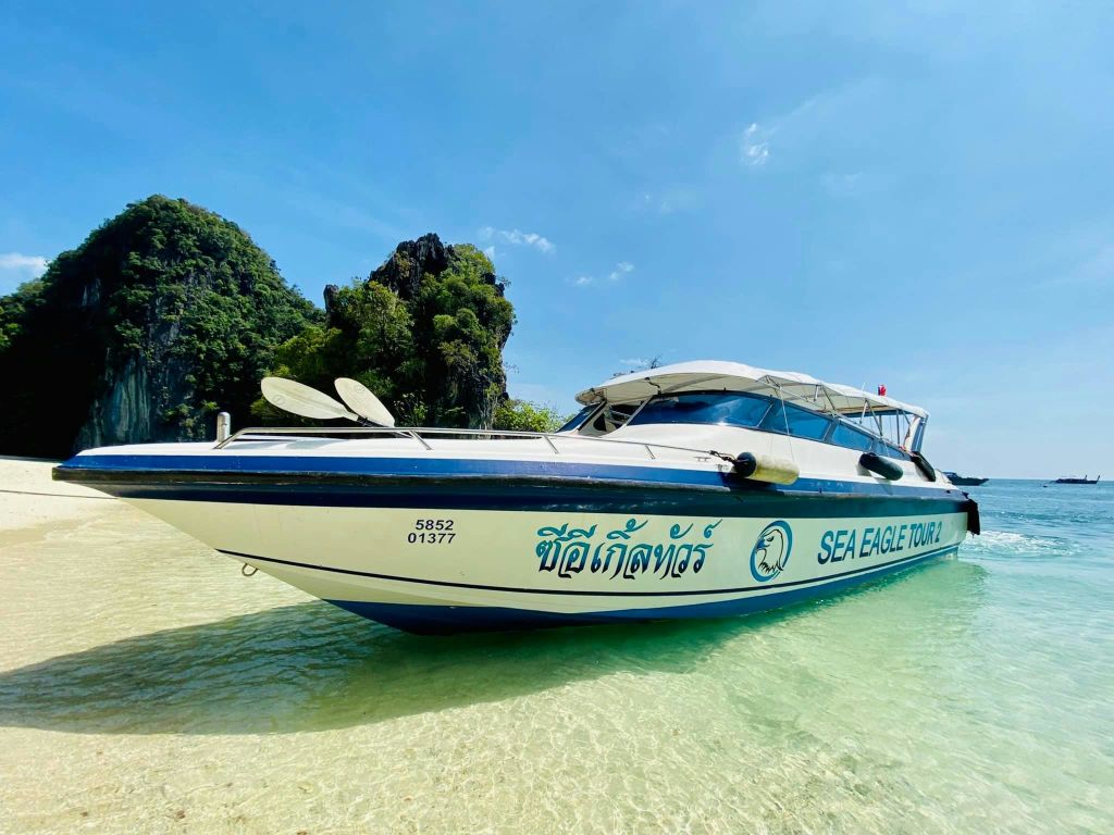 "SEA EAGLE TOUR 1" 이라는 이름의 스피드보트는 푸른 하늘 아래 나무로 덮인 바위 절벽 근처의 맑고 얕은 물에 정박해 있습니다.
